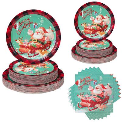 10 Stücke/25 Stücke Weihnachtsthema Einweg-Geschirr Set, 7"/9" Weihnachtsmann Schlitten Einweg-Pappteller Party Zubehör, Geburtstag Einweg-Teller und Servietten, Party Dekorationen, Einweg-Party, Geburtstagsfeier, Geschenkparty, Feier Dekorationen