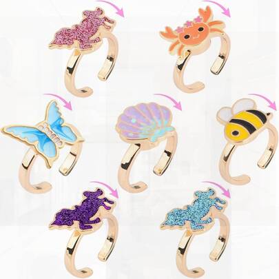 7Pcs Fidget Rings For Anxiety - Shell Butterfly Unicorn Flower Stainless Steel Spinner Ring Set - Mood Rings Stress Relieving Wide Rings Set