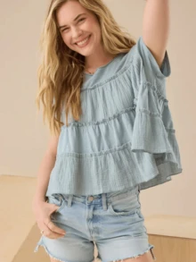 Babydoll Tops For Women Cap Short Sleeve Flowy Peplum Tee Shirts Ruffle Hem Tiered Cute Teen Girl Loose Y2k Crop Blouse - 淺藍色 - 查看 1
