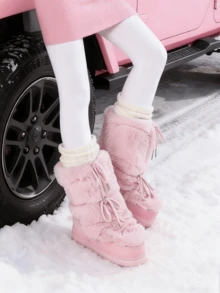 Women's Faux Fur Boots  Fuzzy Fluffy Furry Snow Boots Round Toe With Lace-Up Design Cute Warm Suitable For Christmas Halloween And Winter - 粉色 - 查看 2