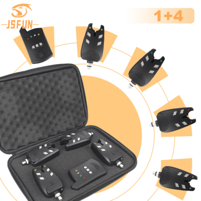 JSFUN Wireless Fishing Bite Alarm, 4*Alarm Receivers 1*Indicator, Super Sensitive, LED Display, No Battery Included, Fishing Bite Indicator, Electronic Fishing Alarm Bite Alert Suitable For Fishing Rods, With Sound Alarm Bell, LED Lights, Fish Bite Alert Indicator For Day And Night Fishing