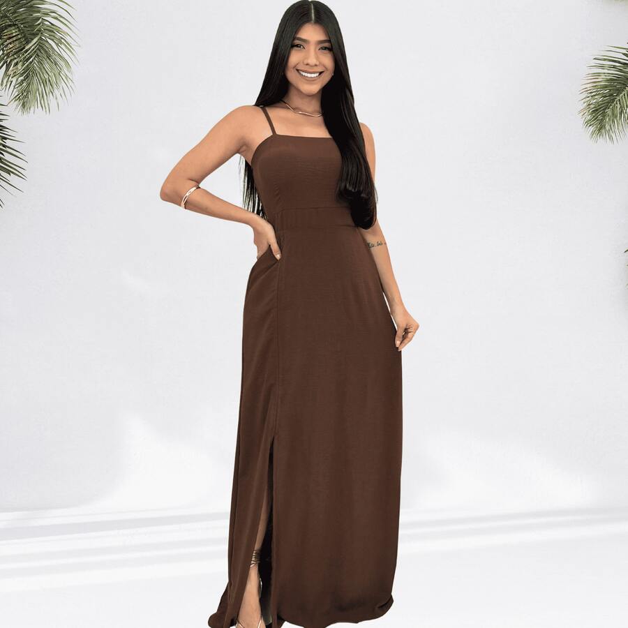 Dunas Wrinkle-Free Long Formal Dress Bridesmaid Wedding Civil Baptism Gender Reveal Formal Party Guest Graduation - Rust Brown - View 1