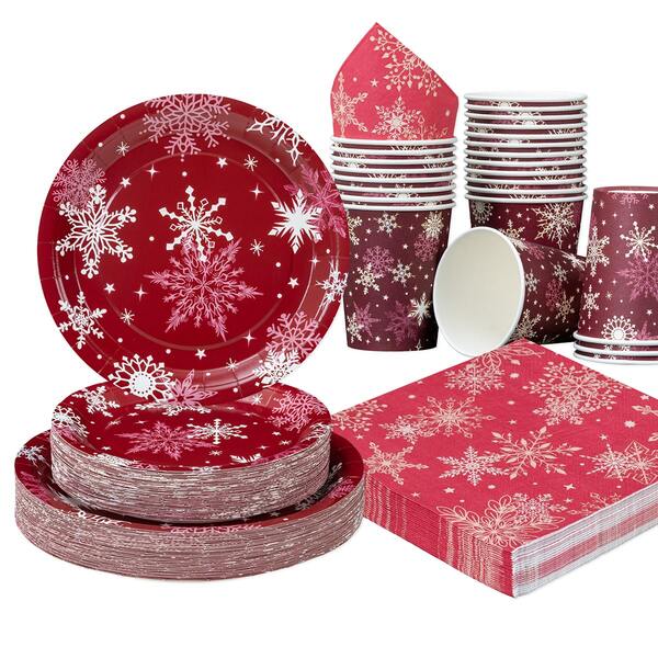 10 Stücke/25 Stücke Weihnachtsthema Einweg-Geschirr Set, 7"/9" rote Basis Schneeflocke Einweg-Pappteller Party Zubehör, Geburtstag Einweg-Teller, -Becher und -Servietten, Party Dekorationen, Einweg-Party, Geburtstagsfeier, Geschenkparty, Feier Dekorationen