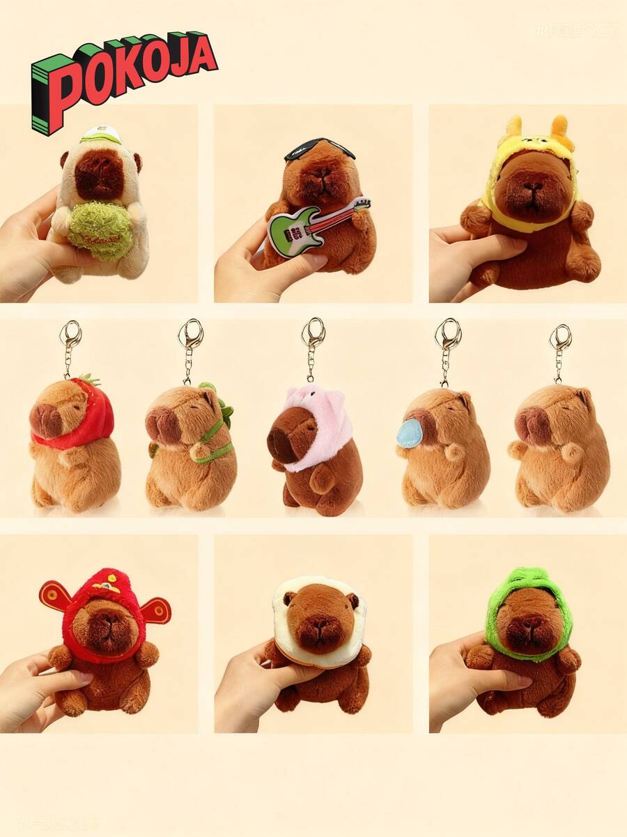 POKOJA LAND 柔软水豚毛绒钥匙扣玩具逼真可爱水豚填充动物玩具水豚毛绒玩具，背包手提包吊坠生日礼物，填充玩具，粉色水豚，儿童派对礼物，生日装饰 - 彩色 - 查看 1