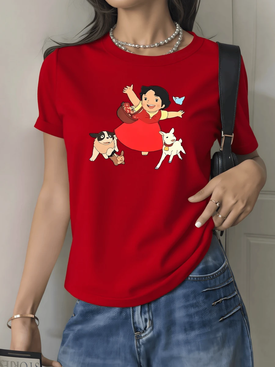 Camiseta de mujer con cuello redondo, diseño casual de niña con animales y mariposa 220 gramos 100% algodón estilo artístico 1 unidad de Camisa de T con estampado digital - Rojo - Ver 1