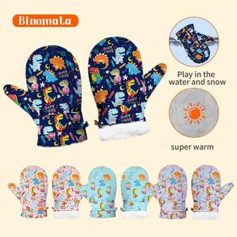 Binomata 1 Pair Toddler Boys & Girls Cartoon Gloves, Size S For 6-18 Months, Size M For 1-3 Years, Waterproof Warm Windproof Outdoor Gloves For Winter, Snow, Skiing, Cartoon Dinosaur Children Gloves