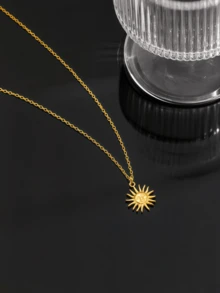 6pcs Stainless Steel 18K Gold Plated Women's Pendant Necklaces, Design, Jewelry For Women, Gold Necklace, Water Drop, Sun, Clover, Stainless Steel Necklace, Elegant Women's Necklace, Waterproof Necklace, Delicate Gift - Multicolor - View 2