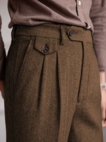Mens Pants Tweed Herringbone Vintage Dress Pant Trousers Regular Fit Suit Pants For Men - 棕色 - 查看 12