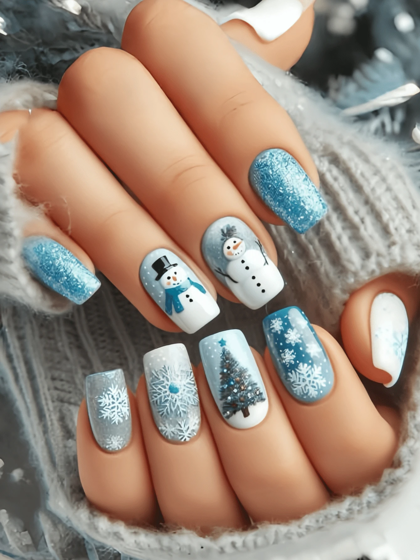 Unhas de Natal, 24 Peças de Unhas, Unhas Postiças de Outono, Unhas de Papai Noel, Árvore de Natal, Boneco de Neve, Floco de Neve, Unhas Fofas, Unhas Postiças, Unhas Falsas, Unhas Azuis