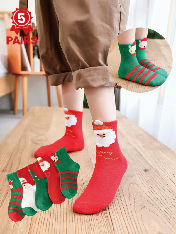 5 Pairs Kids Christmas Socks, Thick Mid-Calf Christmas Socks For Toddlers & Children, Red Holiday Socks For Autumn/Winter, Festive Cartoon Santa Claus/Snowman Design