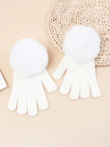 1 Pair Girls' Fingerless Gloves, Warm Knitted Simple Gloves With Faux Fur Pom Pom, Suitable For Autumn/Winter - 1Pair - View 6