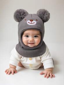 1 Pc 0-8Y Newborn Black Bear Embroidery Balaclava Ski Mask Toddler Beanie Double Balls Baby Girls Boys Beanies Kids Winter Hats Children Knit Warm Bonnet Fitted Baby Needs Accessories - Multicolor - View 31