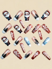 Unhas de Natal, 24 Peças de Unhas, Unhas Postiças de Outono, Unhas de Papai Noel, Árvore de Natal, Boneco de Neve, Floco de Neve, Unhas Fofas, Unhas Postiças, Unhas Falsas, Unhas Azuis