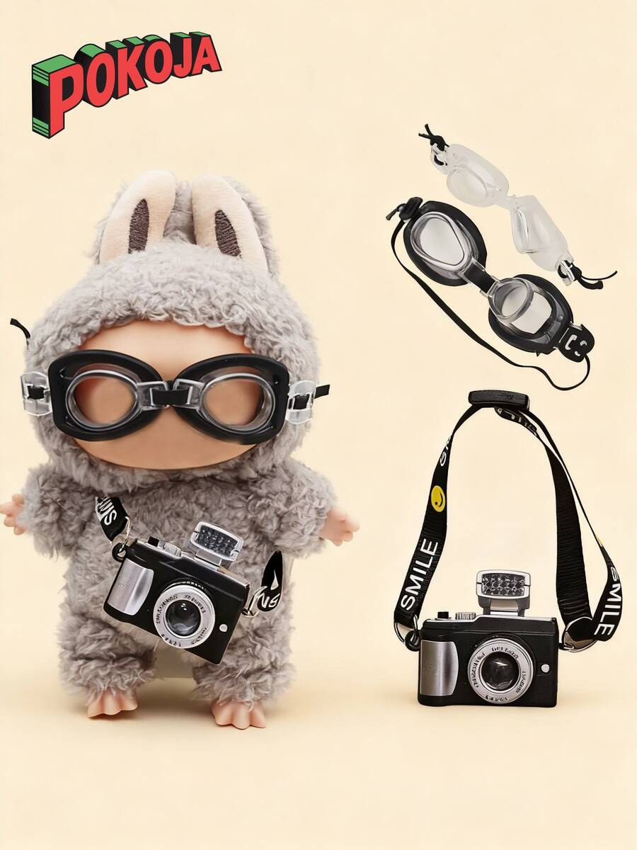 1Pair Glasses+1Pc Camera Set Cute Decorative Prop For 5.9-6.9in Doll Costume Prop Cartoon Kawaii Decoration Accessories Swimming Goggles Compatible With Labubu (Some Parts May Be Random)