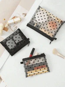 2pcs Mini Heart-Shaped Mesh Design Pill Pouches, Portable Nylon Transparent Cosmetic Bags, Minimalist Zipper Makeup Bags (Round Zipper) - Multicolor - View 7