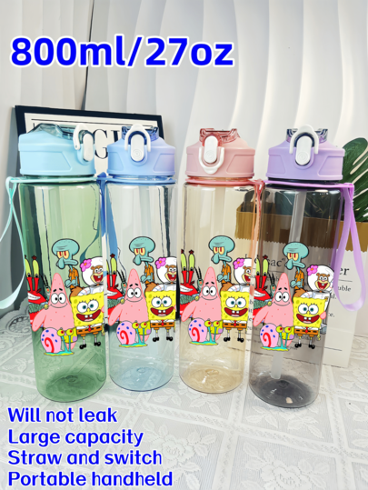 SPONGEBOB 1PC SPONGEBOB 800ml/27oz Leakproof Pop-Top Water Bottle Lightweight And Durable Plastic Cute Cartoon Design Suitable For Fitness Running And Basketball Portable And Stylish Gift Birthday Mother's Day And Graduation Sports Hydration Equipment (Some Parts May Be Random)