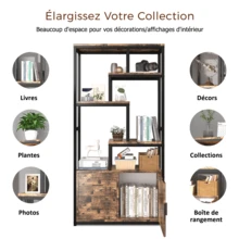 5-stöckiges Bücherregal mit LED-Beleuchtung | Aufbewahrungsmöbel mit Tür und 2 Schubladen | Metallrahmen | Braun und Schwarz