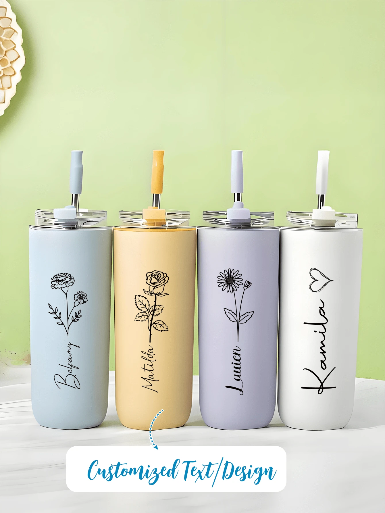 Personalized Vacation Insulated Cup, Customized Name Stainless Steel Birthday Flower Laser Engraved Tumbler With Straw, Bridesmaid Invitation Gift, Bachelorette Party, Wedding Gift, Christmas Gift, Initial Cup, Aesthetic Tumbler, Thoughtful Gift - 多色1 - 查看 1