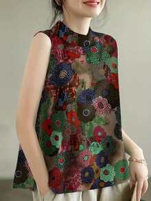 女士休闲无袖衬衫，常规长度，立领设计，饰以鲜艳的花卉图案