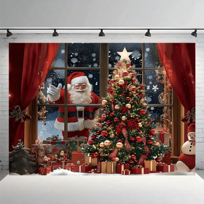 1 pezzo Striscione natalizio, decorazione natalizia, realizzato in poliestere, con motivo di Babbo Natale fuori dalla finestra innevata, adatto per appendere alla parete di una casa invernale o di Capodanno come sfondo per fotografie di feste