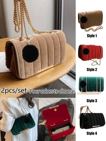 2 件/套时尚天鹅绒女士单肩包和毛绒挂包，大容量单肩包，宽敞的日常和正式手提包易于清洁，女士工作、派对、旅行包，女士手提包，派对配饰，精致风格，耐用结构，时尚手提包，职业女性，工作手提包，时尚手提包，高品质衬里，多功能手提包，时尚爱好者，钥匙扣，包挂