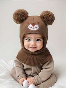 1 Pc 0-8Y Newborn Black Bear Embroidery Balaclava Ski Mask Toddler Beanie Double Balls Baby Girls Boys Beanies Kids Winter Hats Children Knit Warm Bonnet Fitted Baby Needs Accessories - Multicolor - View 12