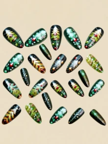 Unhas de Natal, Unhas Postiças Amendoadas, Unhas Fofas, Unhas de Papai Noel, Floco de Neve, Homem de Gengibre, Unhas Postiças de Outono, Unhas Postiças, Unhas Azuis