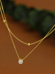 1件优雅双层单钻不锈钢项链，女士情人节配饰 - 金色 - 查看 8