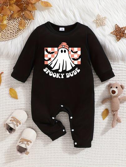 Halloween - Infant Toddler Boys Girls Long Sleeve Ghost Print Romper, Funny Graphic Design - Halloween Outfit