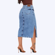 Women's Long Midi Jeans Skirt Evangelical High Waist Simple Elegant - 藍色 - 查看 3