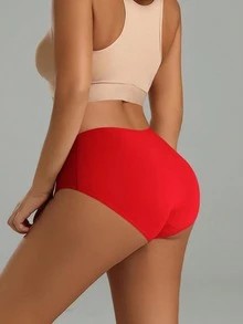 3 件套女士高腰压花棉质三角裤，休闲弹力透气柔软亲肤内裤 - 紅色 - 查看 6