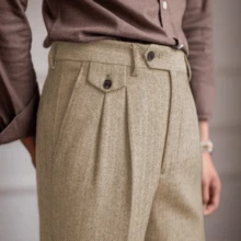 Mens Pants Wool Tweed Herringbone Vintage Dress Pant Trousers Regular Fit Suit Pants For Men - 香檳色 - 查看 9