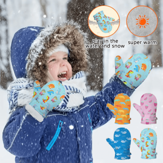 Binomata 1 Pair Toddler Boys & Girls Cartoon Design Waterproof Warm Winter Gloves, M Size For 1-3 Years, L Size For 3-8 Years, Outdoor Snow Ski Mittens