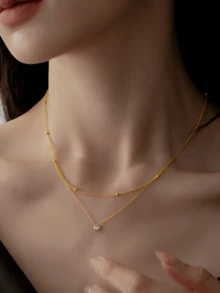 1件优雅双层单钻不锈钢项链，女士情人节配饰 - 金色 - 查看 9