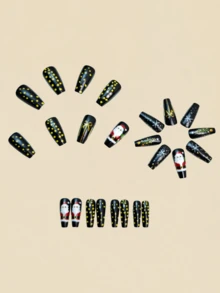 Unhas de Natal, 24 Peças de Unhas, Unhas Postiças de Outono, Unhas de Papai Noel, Árvore de Natal, Boneco de Neve, Floco de Neve, Unhas Fofas, Unhas Postiças, Unhas Falsas, Unhas Pretas