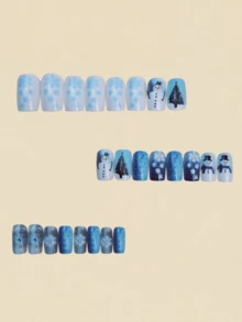 Unhas de Natal, 24 Peças de Unhas, Unhas Postiças de Outono, Unhas de Papai Noel, Árvore de Natal, Boneco de Neve, Floco de Neve, Unhas Fofas, Unhas Postiças, Unhas Falsas, Unhas Azuis