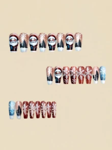 Unhas de Natal, 24 Peças de Unhas, Unhas Postiças de Outono, Unhas de Papai Noel, Árvore de Natal, Boneco de Neve, Floco de Neve, Unhas Fofas, Unhas Postiças, Unhas Falsas, Unhas Azuis
