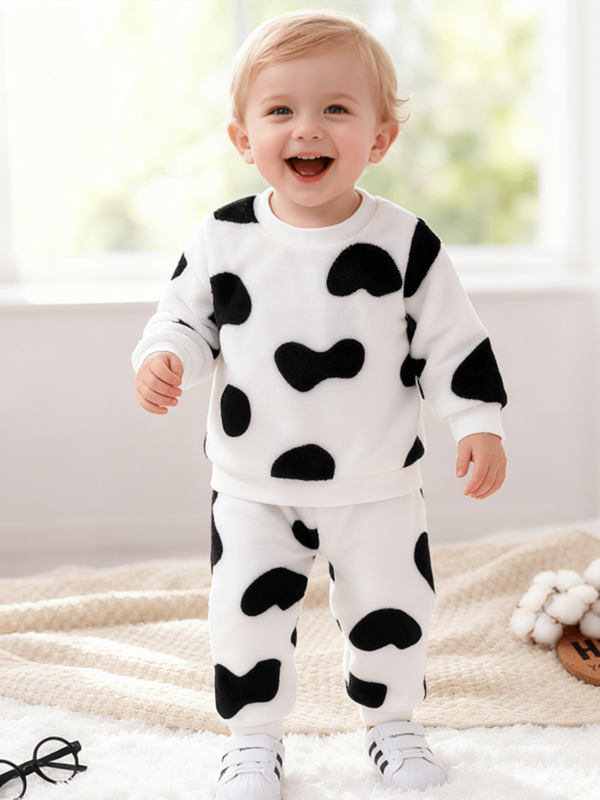 2pcs Toddler Boys' Plush Polka Dot Print Long Sleeve Set, Spring/Autumn