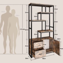 5-stöckiges Bücherregal mit LED-Beleuchtung | Aufbewahrungsmöbel mit Tür und 2 Schubladen | Metallrahmen | Braun und Schwarz