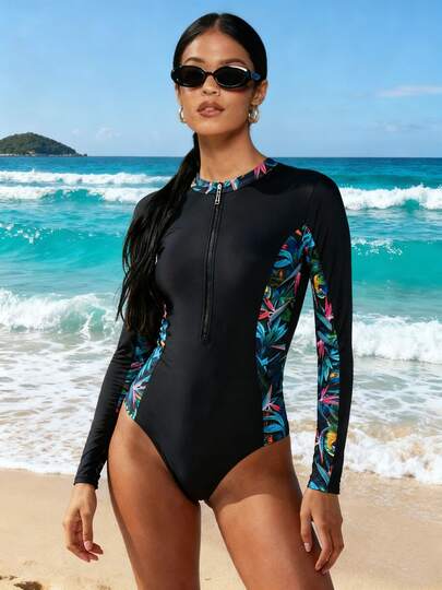 Speedo Women's Swimwear, Long Sleeve One-Piece Swimsuit, Sun-Protective Paddling Suit, Summer Beach Swimming, Surfing, And Stand-Up Paddleboarding, Back Cutout, Holiday, Leisure, Sports Swimwear, Endurance 10 Chlorine-Resistant Technology, 8-12360G731
