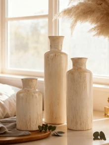 1 PIEZA Juego de jarrones cerámicos beige minimalistas. Estos jarrones con textura pueden contener flores frescas/secas, ideales para mesas de noche, alféizares de ventanas, aportando un toque acogedor y natural a dormitorios y salas de estar. Perfecto para amantes de la decoración del hogar con estilo bohemio-chic. Decoración de habitación, jarrón de flores, jarrón de vidrio