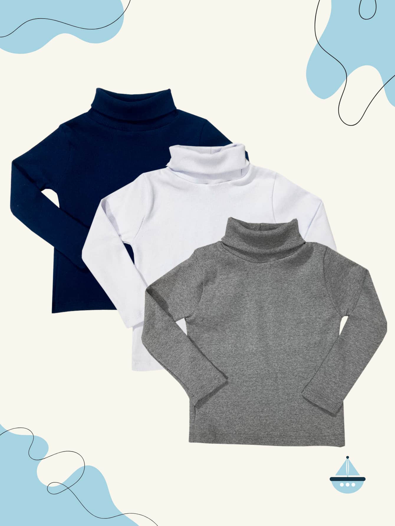 Kit 3 Cacharrel Children's Blouses, High Neck, Casual, Elegant, 6 To 12 Years Old - 海軍藍/白色/灰色 - 查看 1