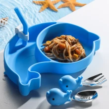 1pc Personalized Baby Cutlery Set, Including A Spoon And Fork, Custom Children's Tableware Gift, Cute Dolphin-Shaped Silicone Plate, Christmas Gift. - Blue - View 4