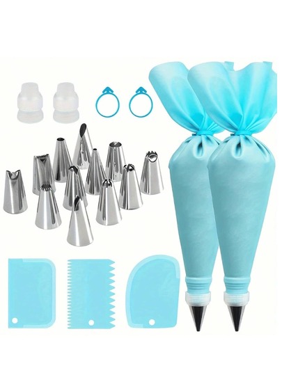 21 piezas Juego de utensilios para decorar pasteles de acero inoxidable - Boquillas de tubería para glaseado, bolsas para pastelería, acoplador y espátula - Herramientas de hornear multifuncionales para Navidad, Acción de Gracias, vuelta al colegio, Juego de boquillas de tubería de acero inoxidable