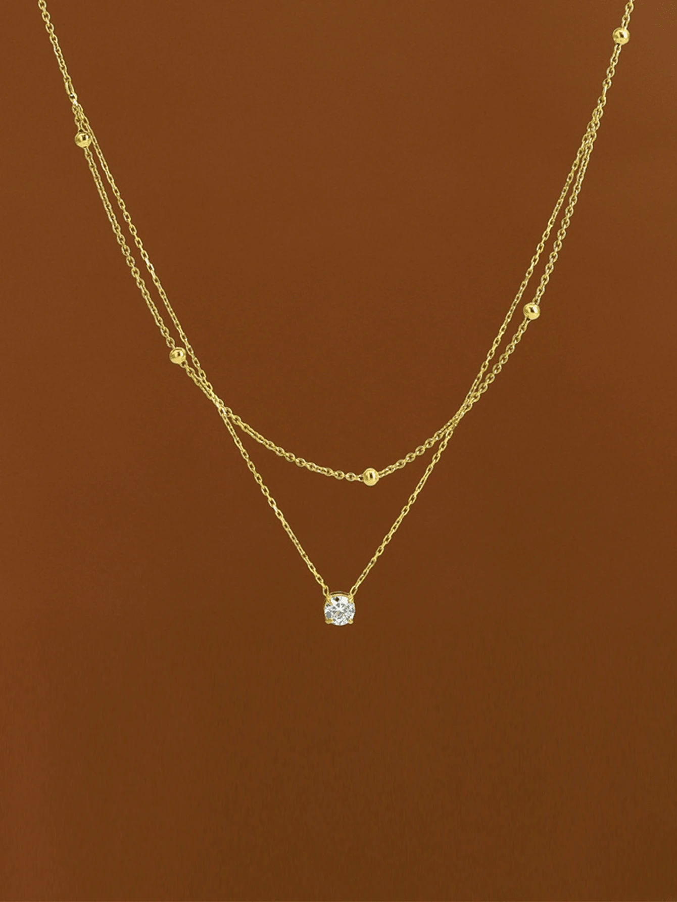 1件优雅双层单钻不锈钢项链，女士情人节配饰 - 金色 - 查看 1