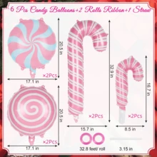 Set de 12 globos con forma de piruleta rosa, incluye globos de papel de aluminio con cinta rizada, adecuado para decoración de cumpleaños, bodas, fiestas, fondos de habitación, decoración navideña, decoración de ventanas navideñas, decoración de arcos de árbol de Navidad