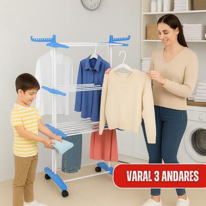 Varal de Chão 3 Andares Dobrável Vertical Retrátil em Aço com 4 Rodas Azul Multiuso Grande Roupa Casa Apartamento Prático Resistente