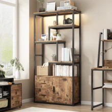 5-stöckiges Bücherregal mit LED-Beleuchtung | Aufbewahrungsmöbel mit Tür und 2 Schubladen | Metallrahmen | Braun und Schwarz