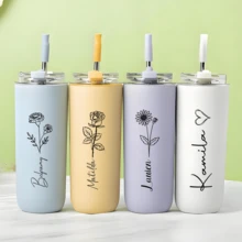 Personalized Vacation Insulated Cup, Customized Name Stainless Steel Birthday Flower Laser Engraved Tumbler With Straw, Bridesmaid Invitation Gift, Bachelorette Party, Wedding Gift, Christmas Gift, Initial Cup, Aesthetic Tumbler, Thoughtful Gift - 多色1 - 查看 2