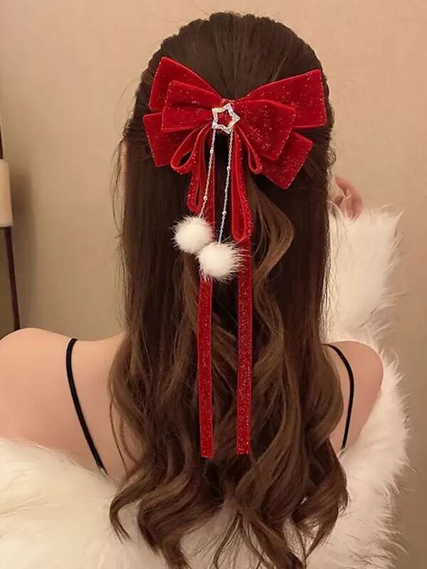 1pc Elegant Bow Hair Clip With Shiny Stars And Pom Pom - Long Tassel Ponytail Accessory, Suitable For Christmas, Thanksgiving, Valentine's Day And Holiday Occasions, Holiday Hair Decor | Sparkling Star Decoration | Velvet Fabric Clip, Hair Accessory, Claw Clips